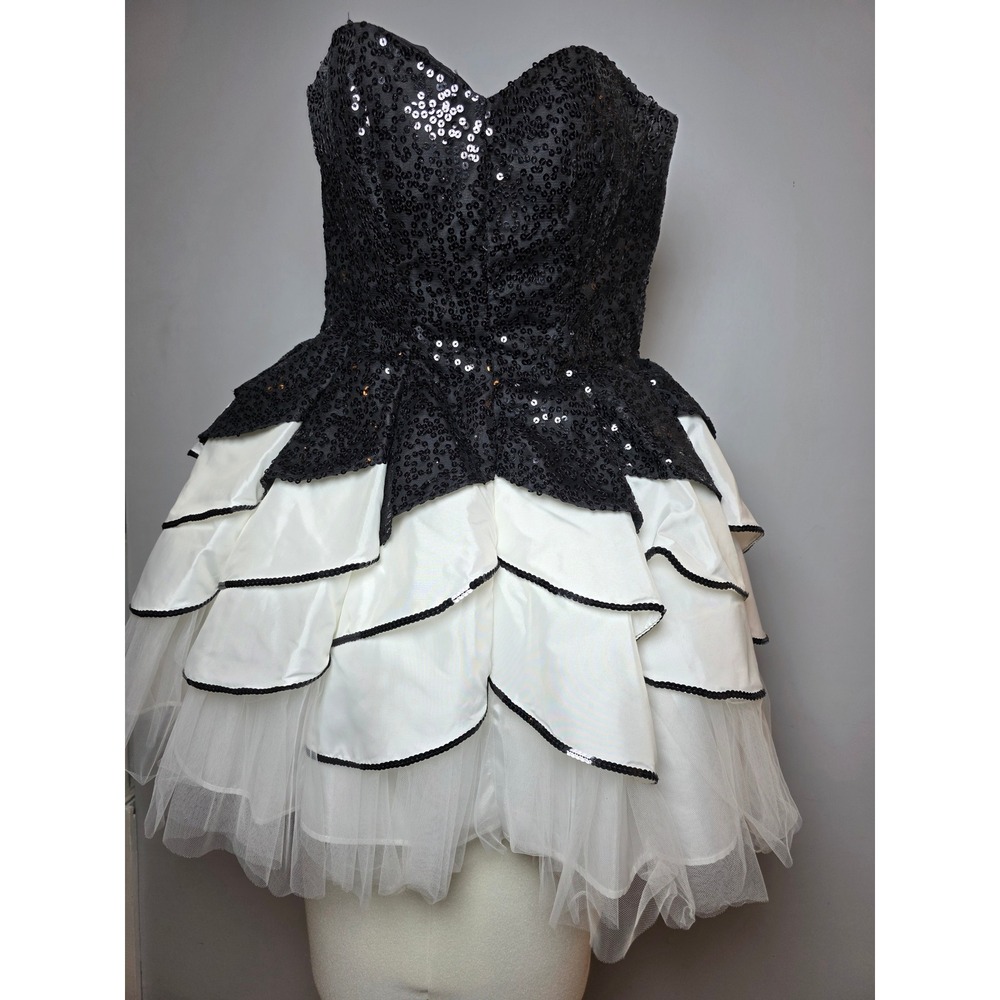 Deb Vintage Y2K Black Sequin White Tiered Tulle Mini Dress  Size 3/4